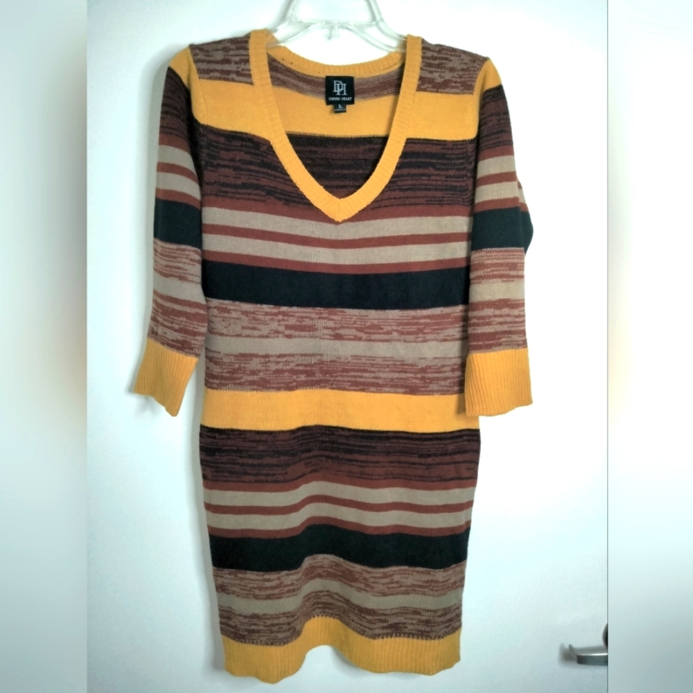 Derek Heart (Size L) Multicolored Striped V-Neck 3/4 Sleeves Sweater Tunic/Dress